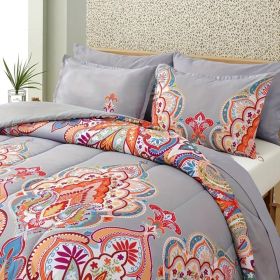 3 Piece King Comforter Set, Boho Pattern, Gray with Rainbow Floral