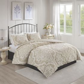 3 piece Tufted Cotton Chenille Damask Comforter Set